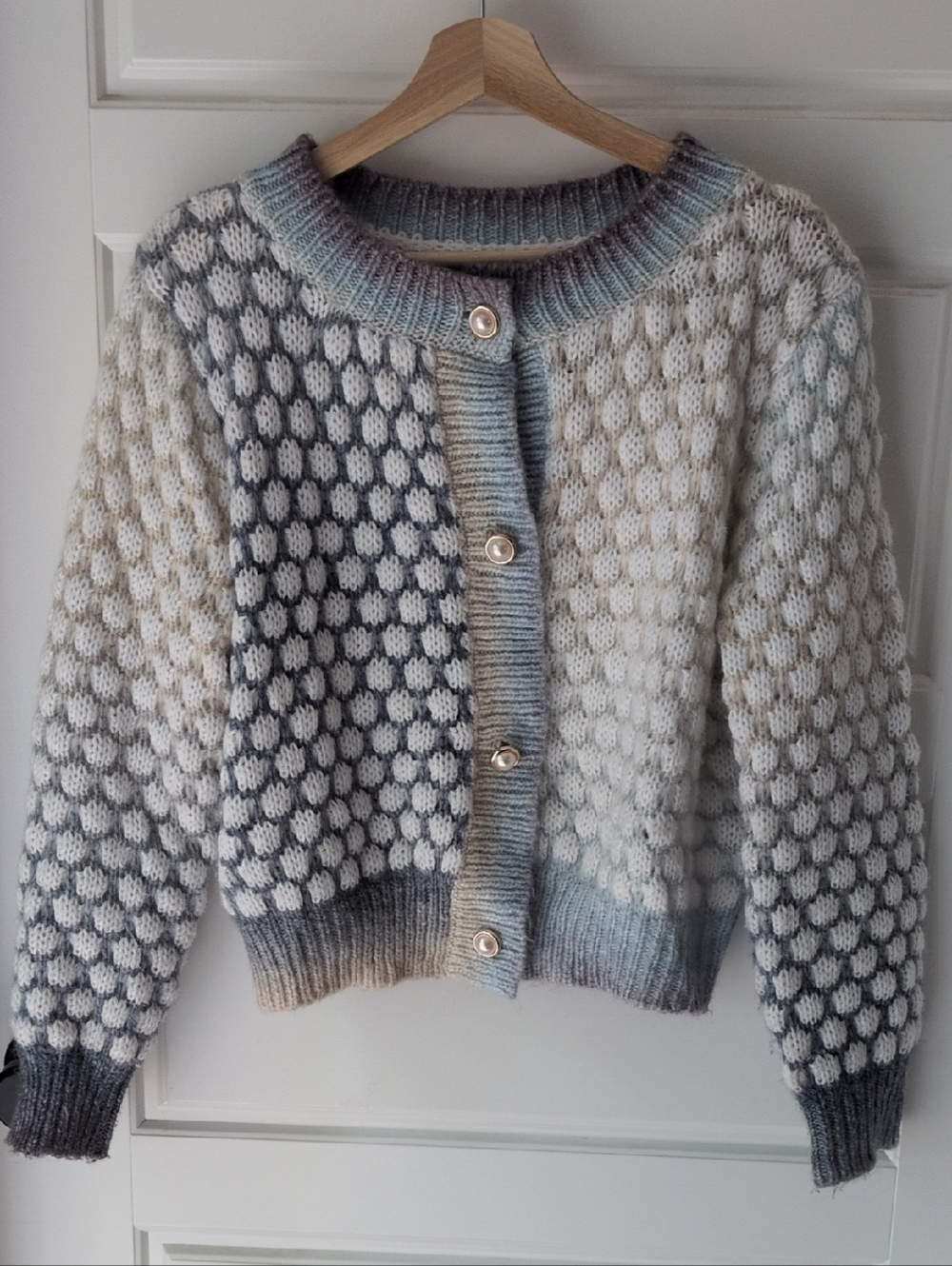 Cozy Bubble Knit Button-Front Cardigan - Light Blue & Cream